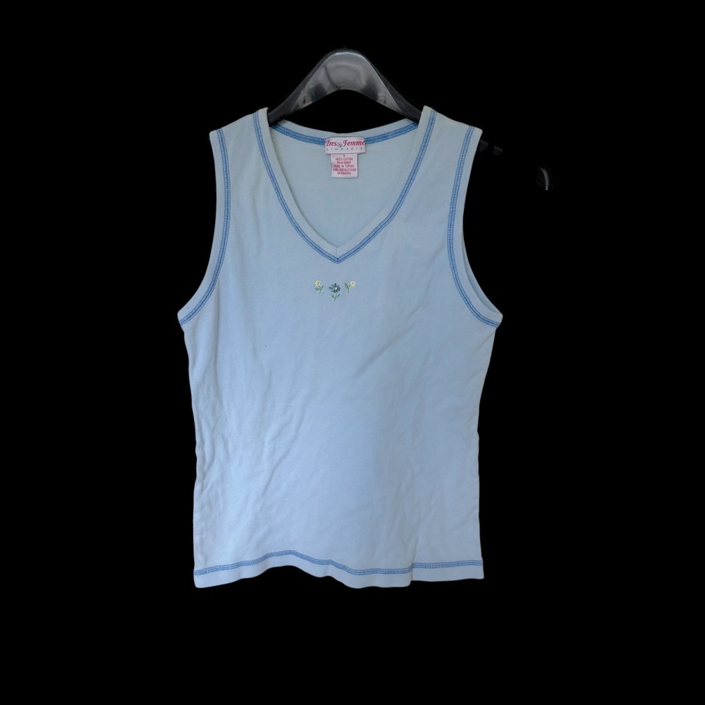 Y2K Tres Femme Coquette Light Blue Embroidered Floral V-Neck Cotton Tank Top Sm